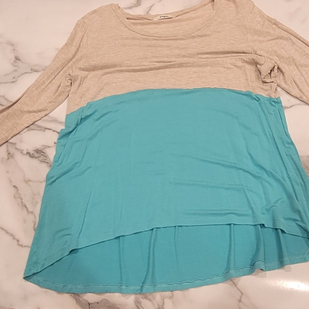 éloges Oatmeal & Dark Mint 3/4 Sleeve High Low Color Block Top - Sz XL